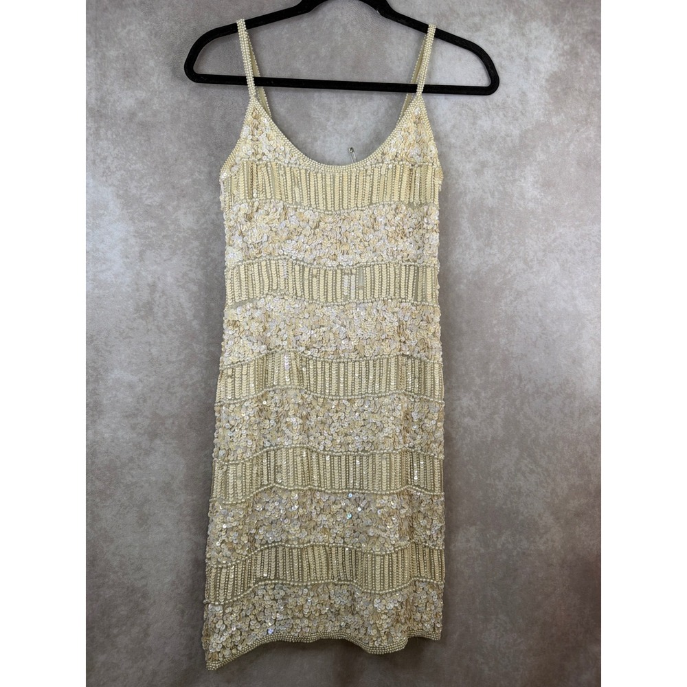 Vintage La Divina New York Cocktail Dress Women S Cream Silk Sequin Pearl Beaded